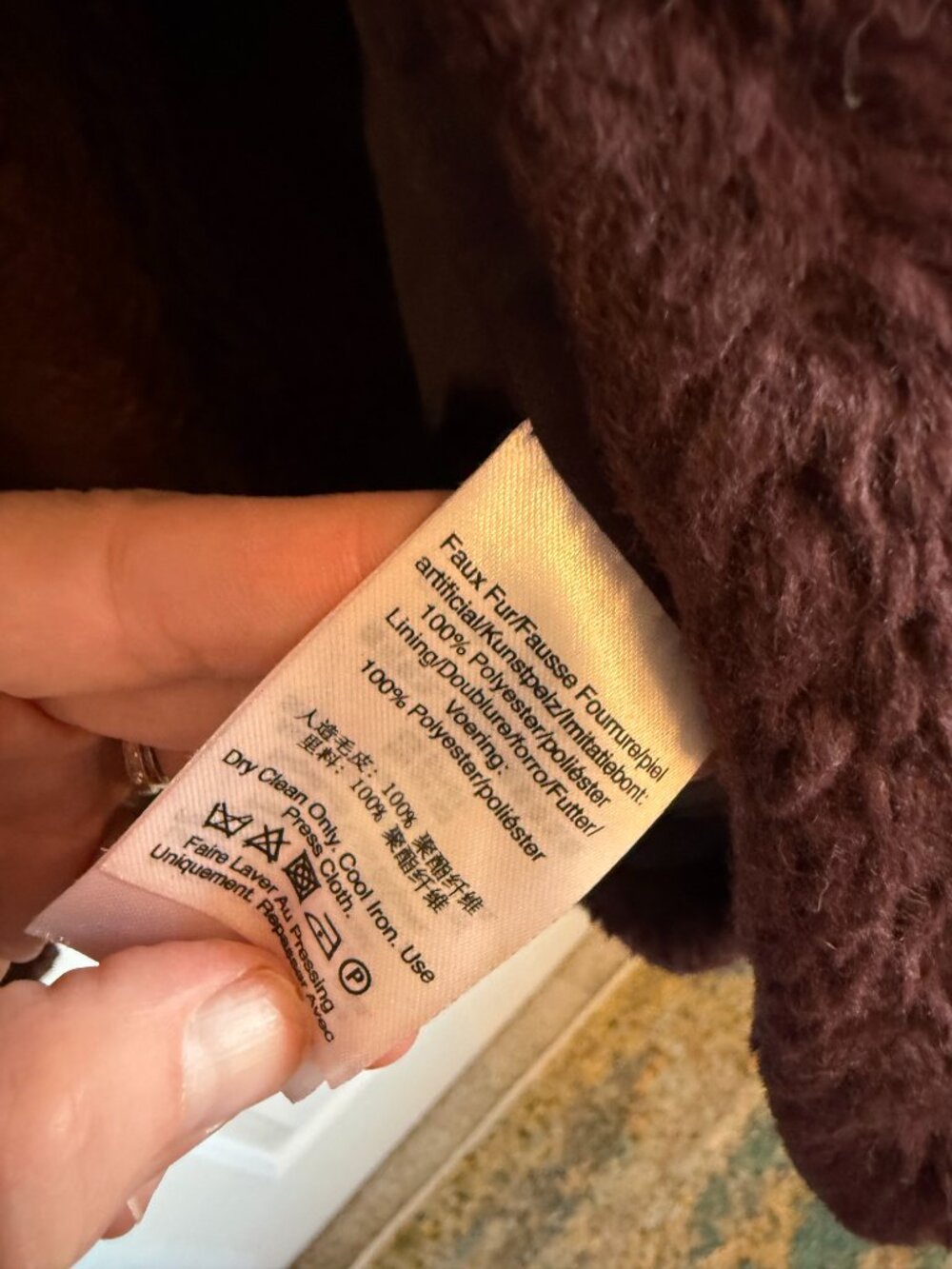 DKNY hooded faux fur coat in a rich burgundy. Size XL - Picture 5 of 7